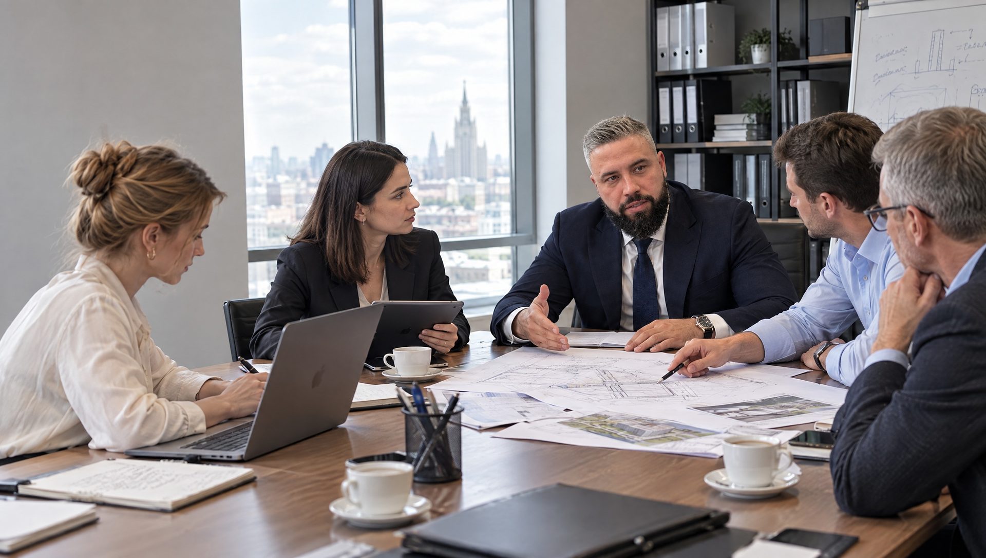 Ivan Sobko discussing a project with his team at a meeting table