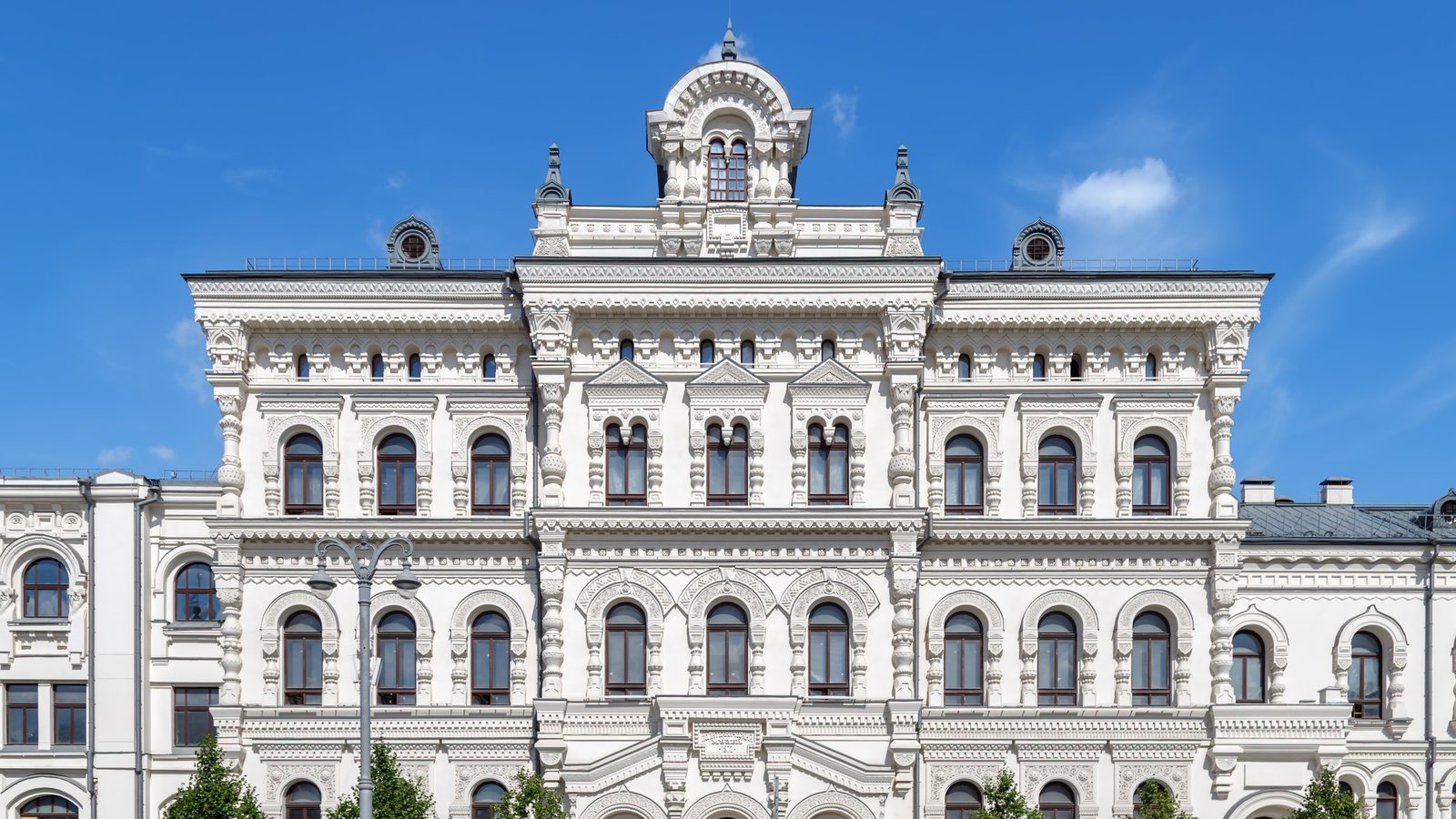 The central facade of the Polytechnic Museum on Novaya Square after restoration